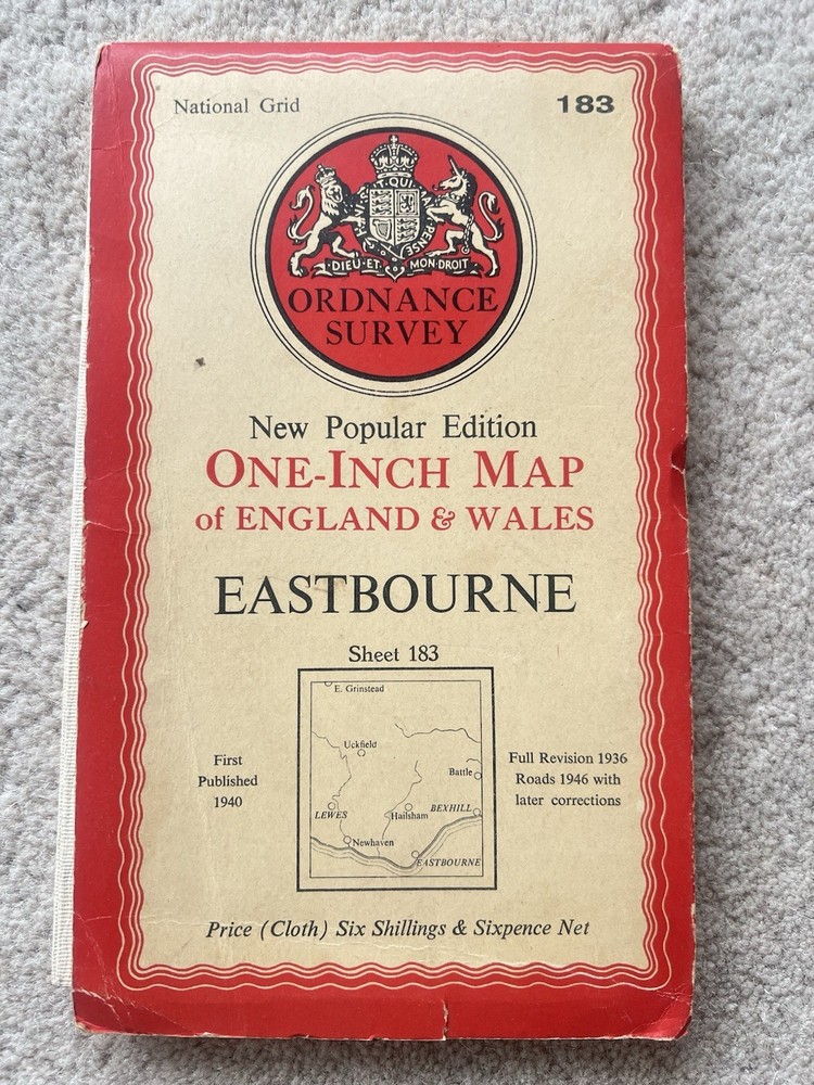 Ordnance Survey Vintage Cloth Map 1952 50s Eastbourne Lewes Bexhill Free Post UK