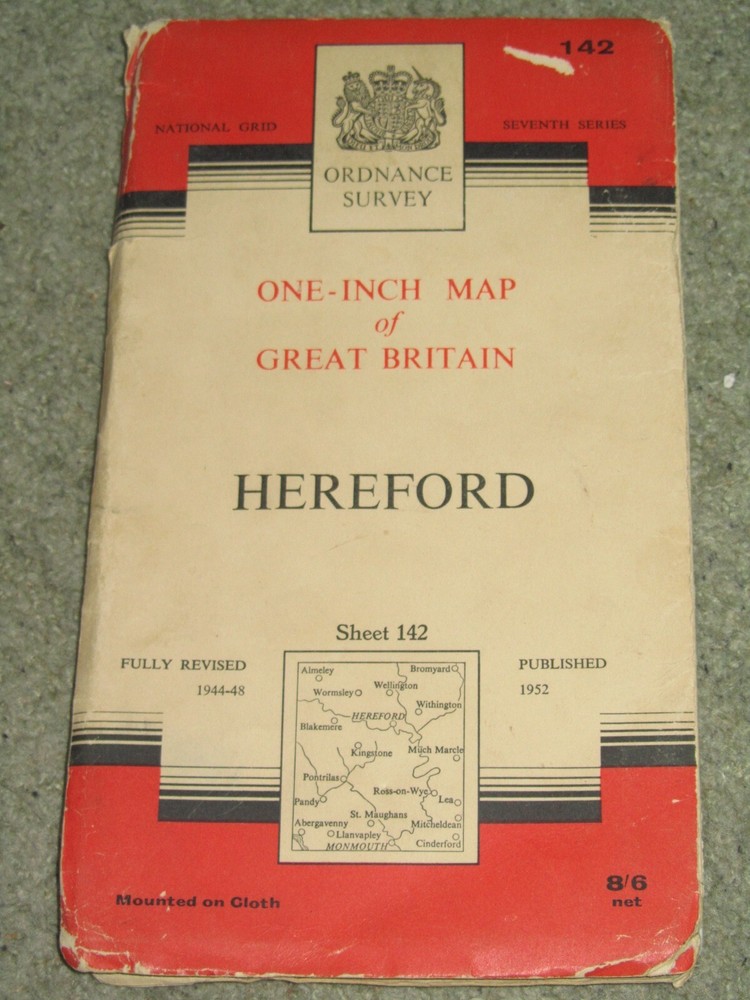 OS Ordnance Survey 1″ Seventh Series 142 Hereford – 1952 on cloth