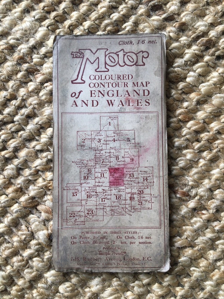 Vintage Temple Press Motor Coloured Contour Map. Warwick Coventry Birmingham.