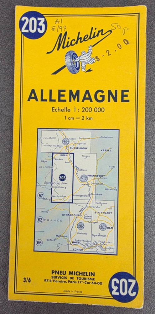 Michelin Map, No 203, ALLEMAGNE – GERMANY 1963 1:200 000