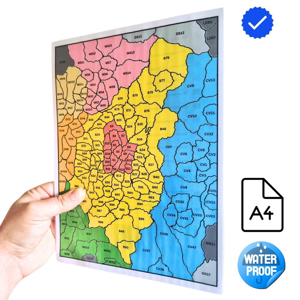 POSTCODE MAP of Birmingham, AUDBOK Maps, Postal District Area (A4 – Laminated)
