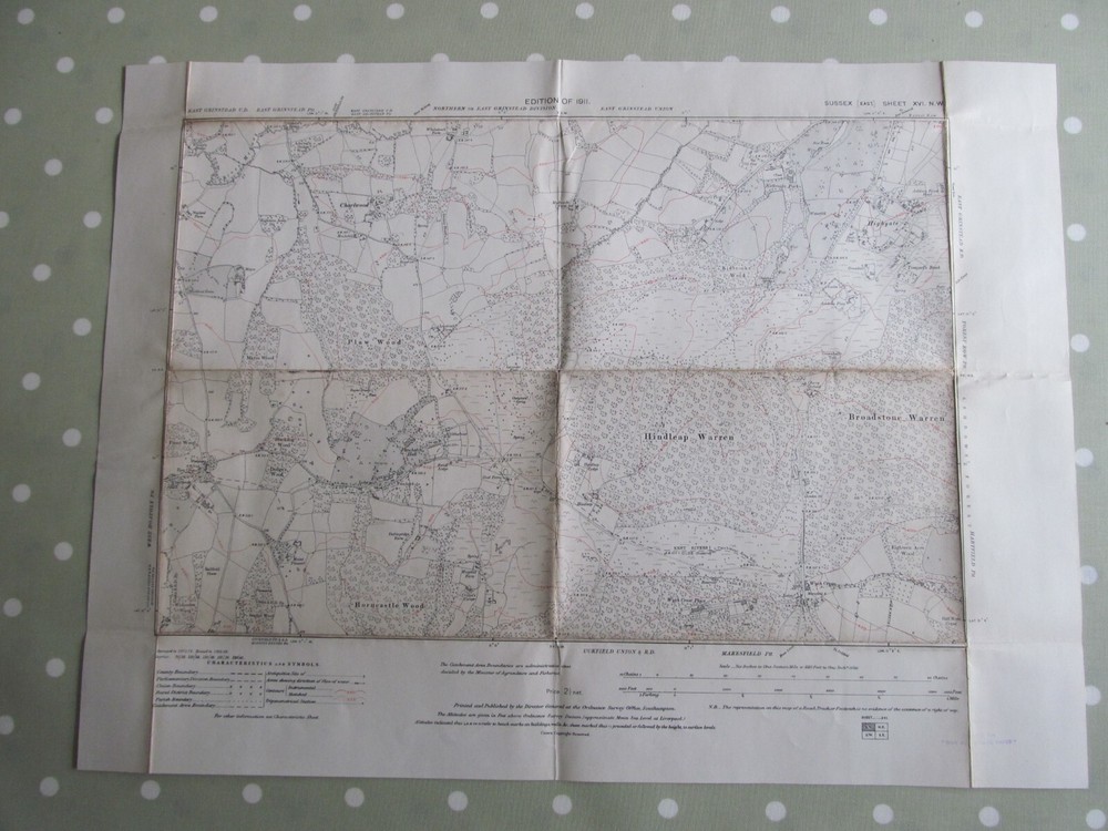 VINTAGE OS MAP THE PLAWHATCH AREA SUSSEX 1911 EDITION – SIX INCHES TO ONE MILE