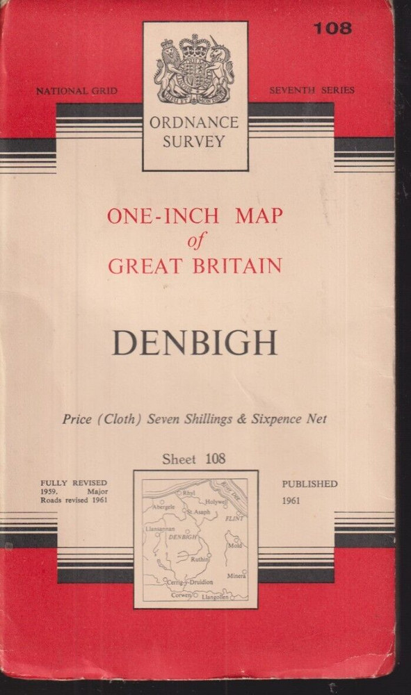 Denbigh National Grid Ordnance Survey One-Inch Map #108 1961 Cloth 7th Series