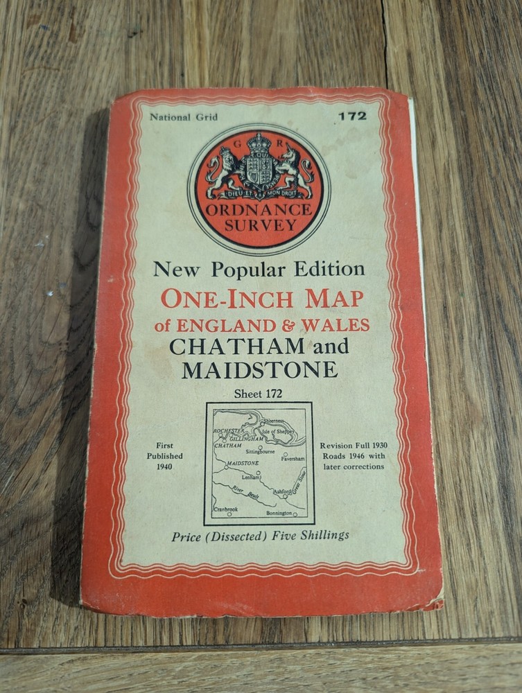 OS Ordnance Survey One Inch Paper Map, Chatham & Maidstone, Sheet 172, 1940