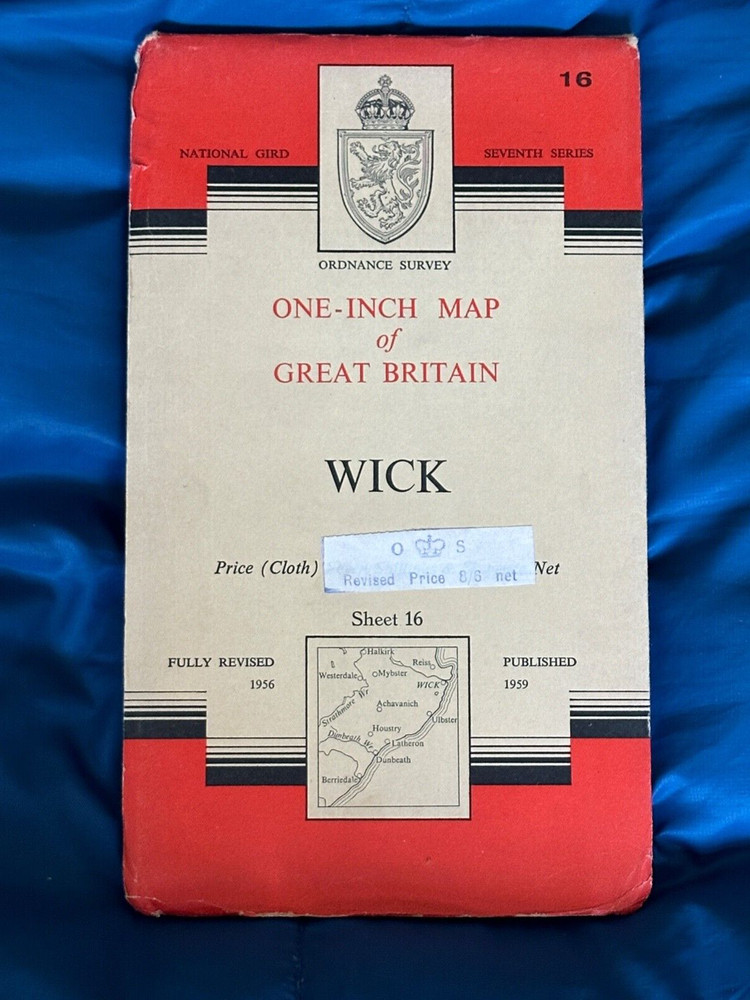 OS Ordnance Survey One Inch Cloth Map, of Wick, Sheet 16, 1959