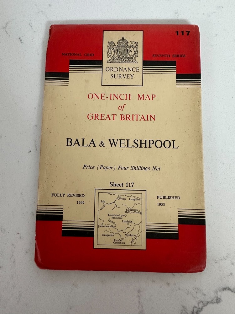 OS Ordnance Survey One Inch Paper Map, Bala & Welshpool, Sheet 117, 1953