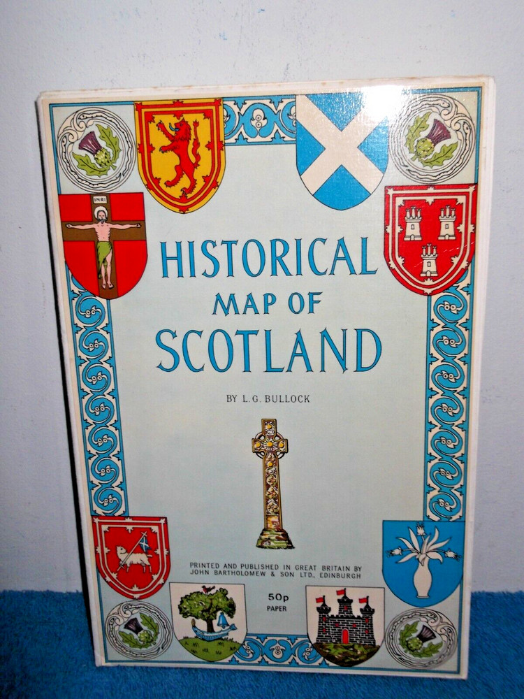 SCOTLAND HISTORICAL MAP – BARTHOLOMEW – 39″X26″ – INC. COATS OF ARMS, FIGURES…