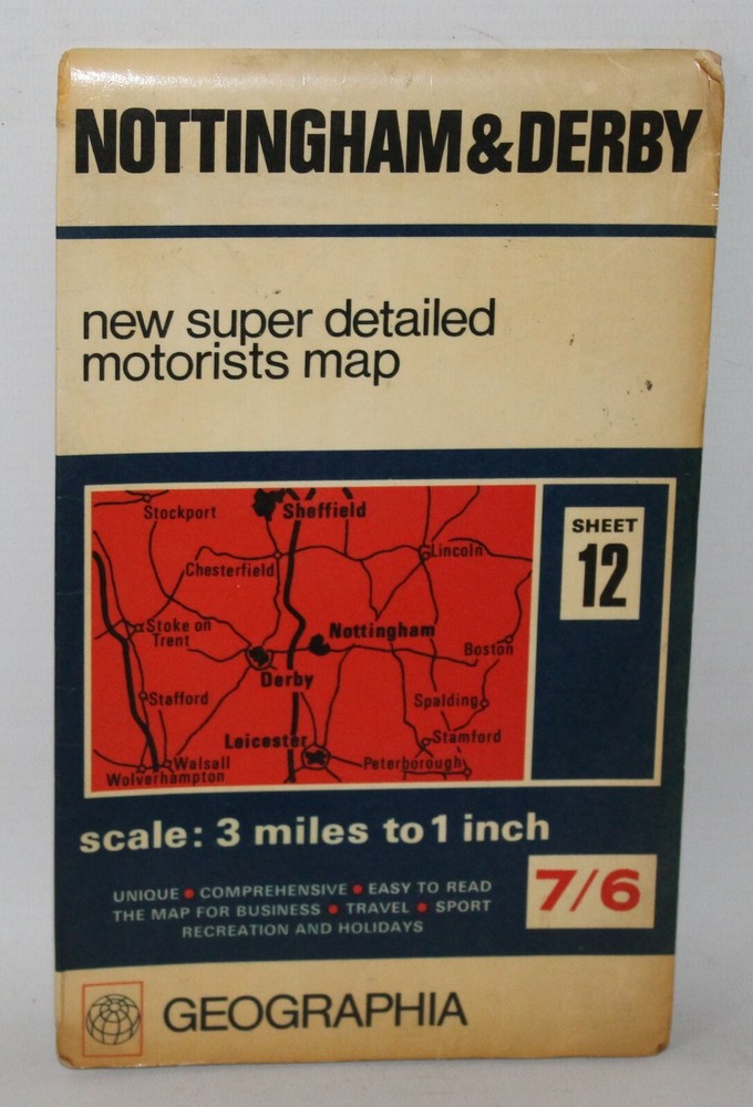 Geographia 3 Miles to 1 inch Super Motoring Map – Nottingham & Derby – c1965