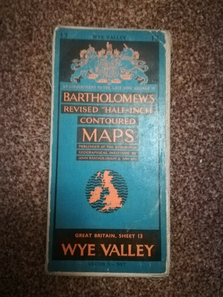 1951 CLOTH BARTHOLOMEWS HALF-INCH CONTOURED MAP WYE VALLEY SHEET 13