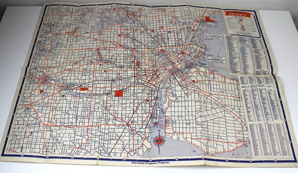 GULF Metropolitan DETROIT Tourgide Map 1950/51 Road Plan Guide Michigan USA
