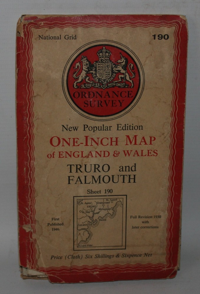 Ordnance Survey One Inch Cloth Map – Truro and Falmouth – Sheet 190 – 1946