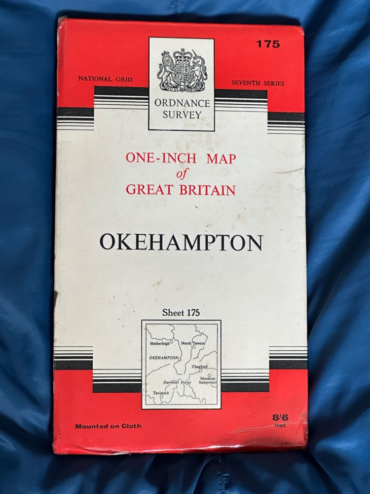 OS Ordnance Survey One Inch Cloth Map, of Okehampton, Sheet 175, 1965