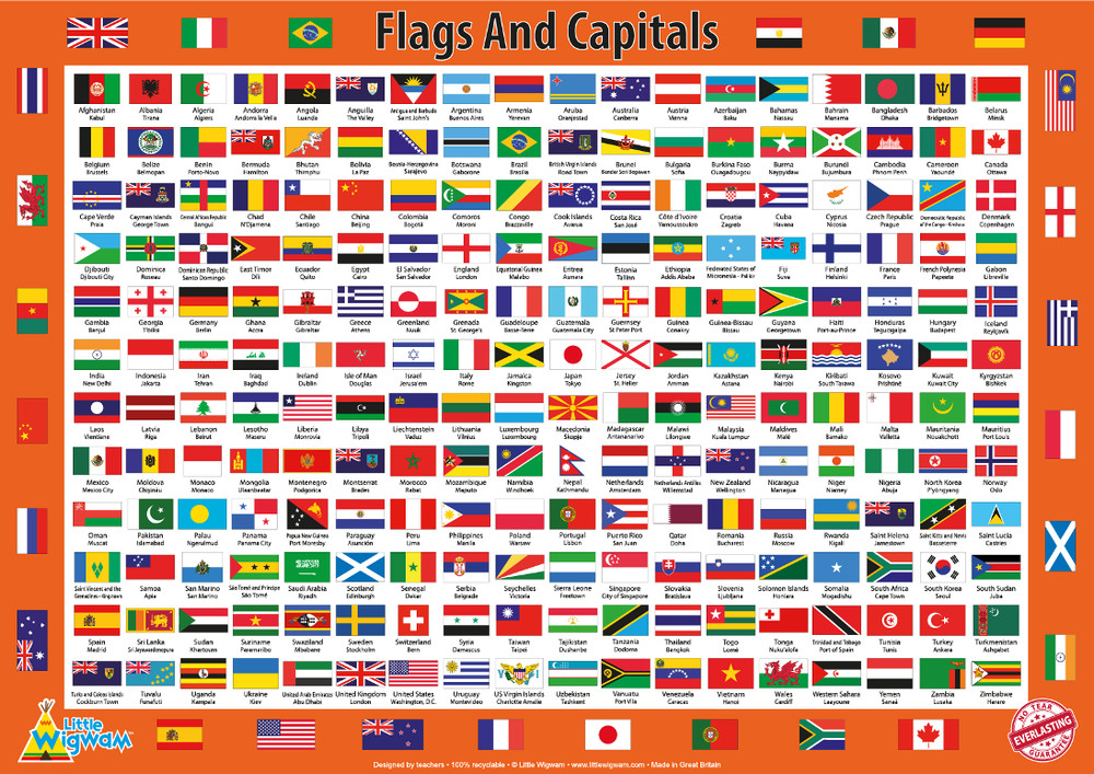 Flags And Capitals Poster A2 Educational Children Kids No Tear by Little Wigwam
