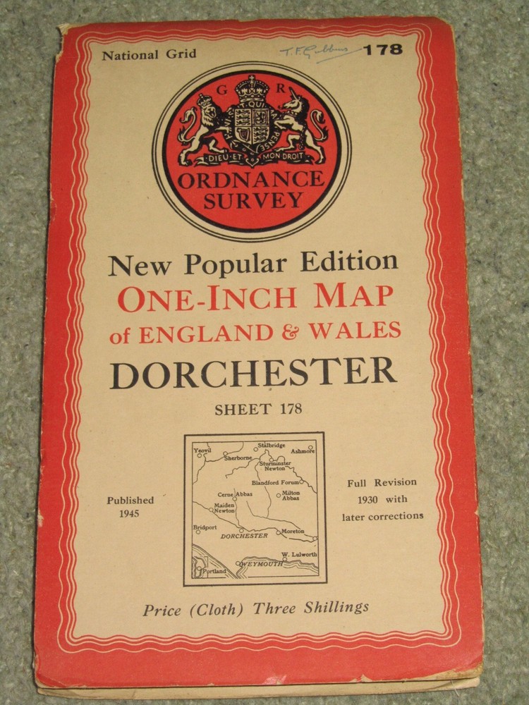 OS Ordnance Survey 1″ New Popular Edition sheet 178 Dorchester – 1945 on cloth