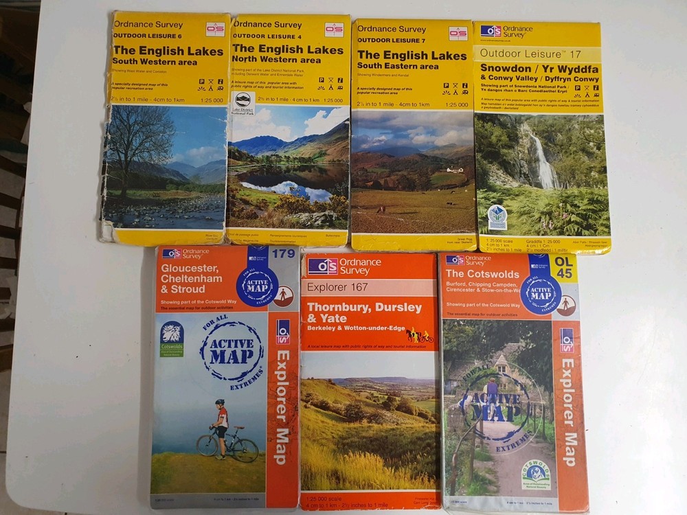 JOB LOT 7 EXPLORER MAPS ORDNANCE SURVEY 1:25,000 SNOWDON LAKES COTSWOLDS BRITAIN
