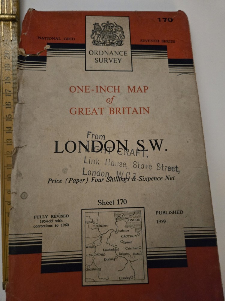 Vintage 1959 Ordnance Survey One-Inch Map of Great Britain London S.W. Sheet 170