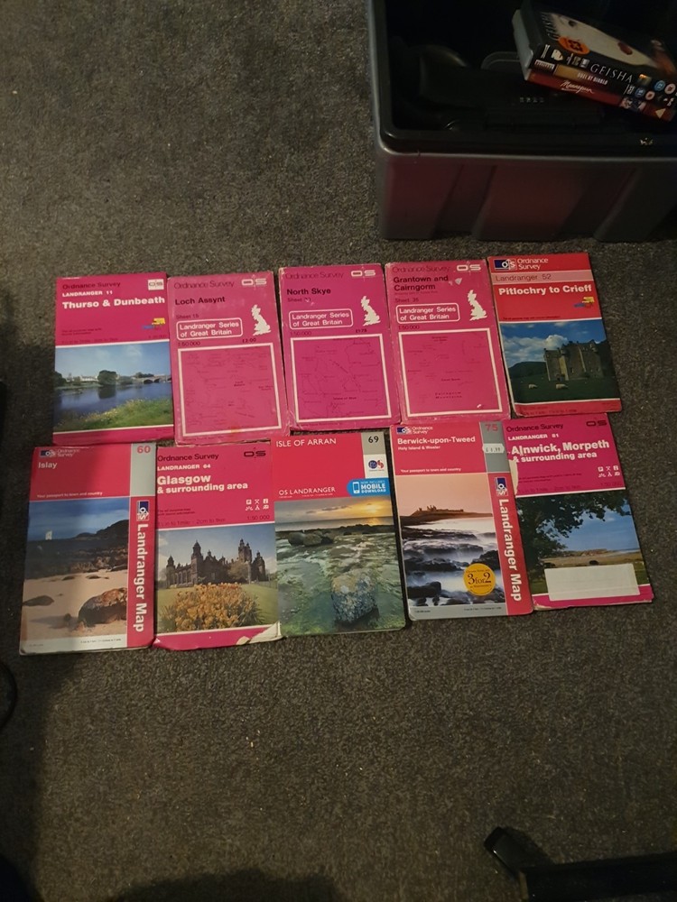 Ten OS Maps Scotland Thurso Assynt Skye Cairngorm Crieff Islay Glasgow Arran Etc