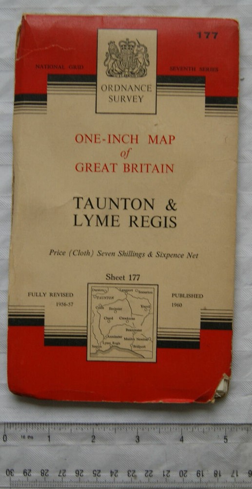 1960 OS 1″ linen map Sheet 177 Taunton & Lyme Regis, Seventh Series