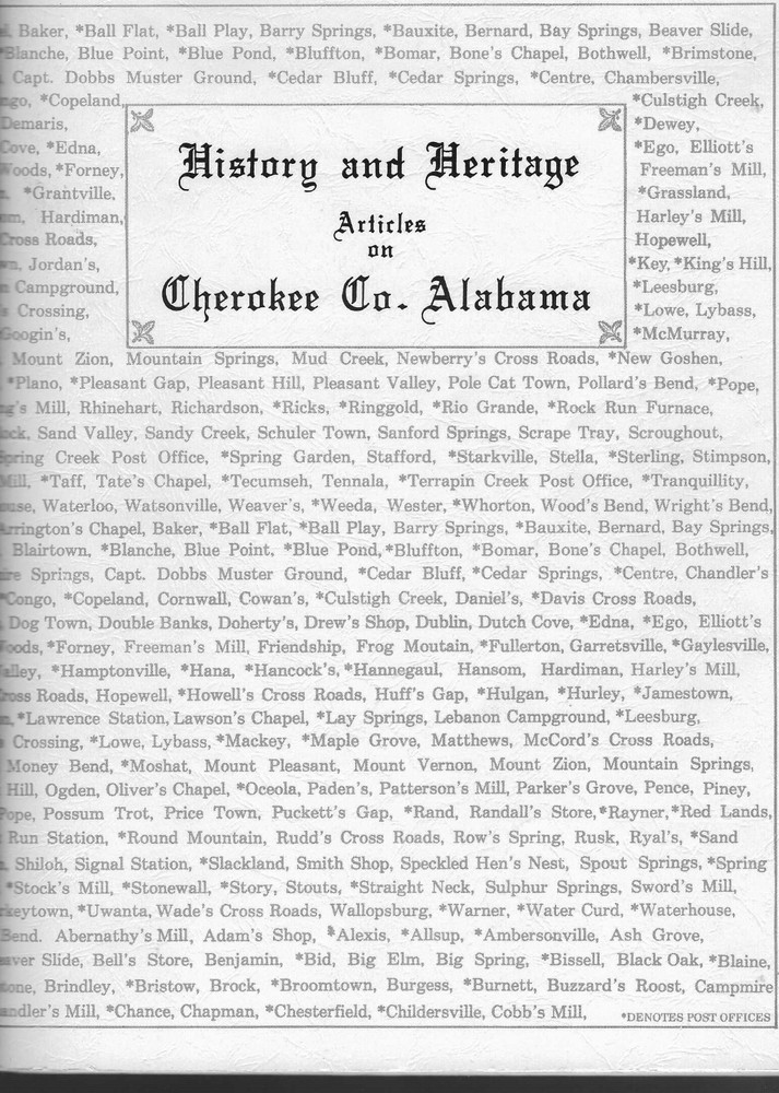 HISTORY AND HERITAGE ARTICLES ON CHEROKEE COUNTY ALABAMA