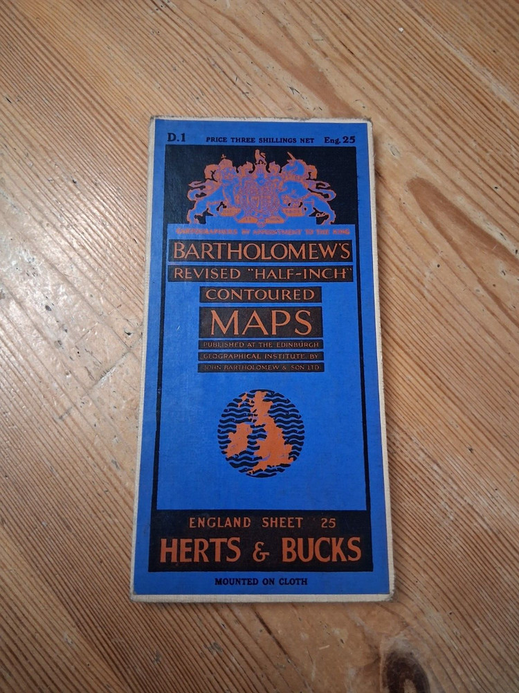 Vintage Bartholomew’s Revised Half-Inch Contoured Map Cloth 1937 Herts and Bucks