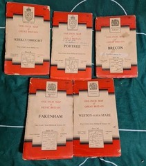 BARTHOLOMEW Half Inch Cloth Maps x 5 1950s Kirkcudbright Brecon Portree ++++
