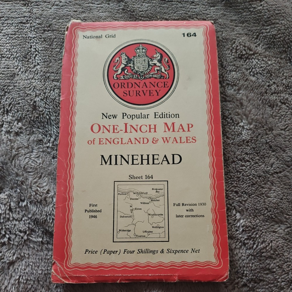 OS Ordnance Survey 1″ New Popular Edition 164 Minehead – 1946 on paper