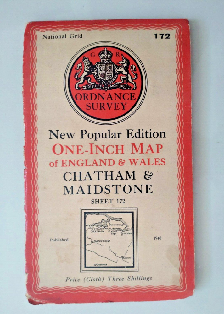 Chatham & Maidstone Vintage Ordnance Survey One Inch Cloth Map 172, 1940