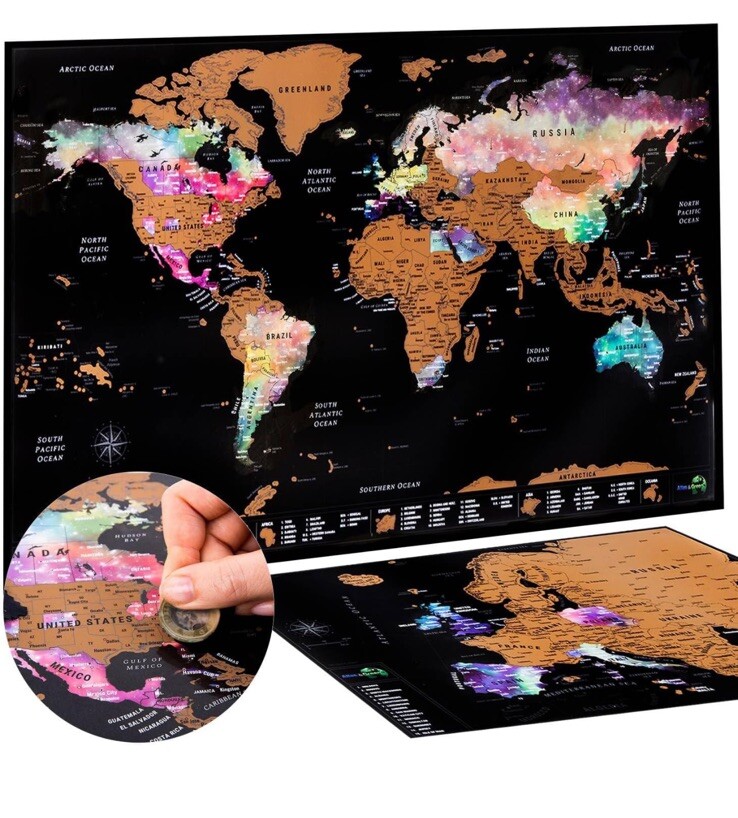Atles and Green scratch off world map With Bonus EU Map 11” X 17”