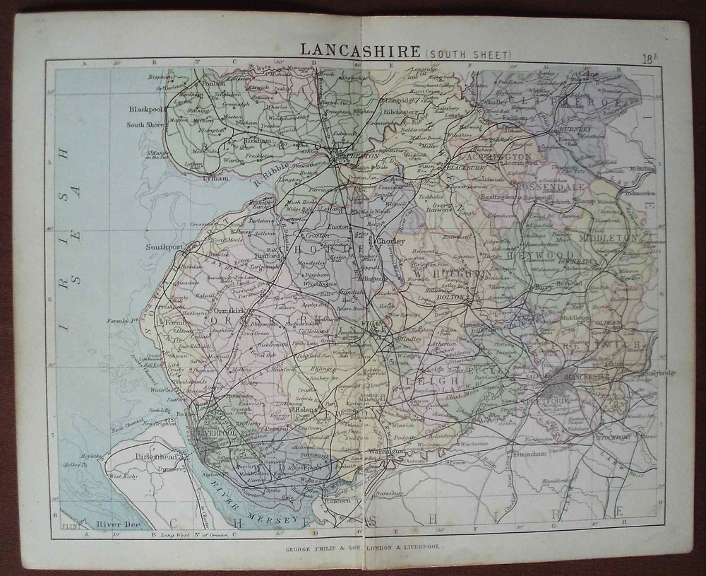 Antique colour map Lancashire South late Victorian George Philip – Railways