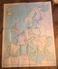 Europe and Mediterranean 1957 political map with rail, air and shipping routes