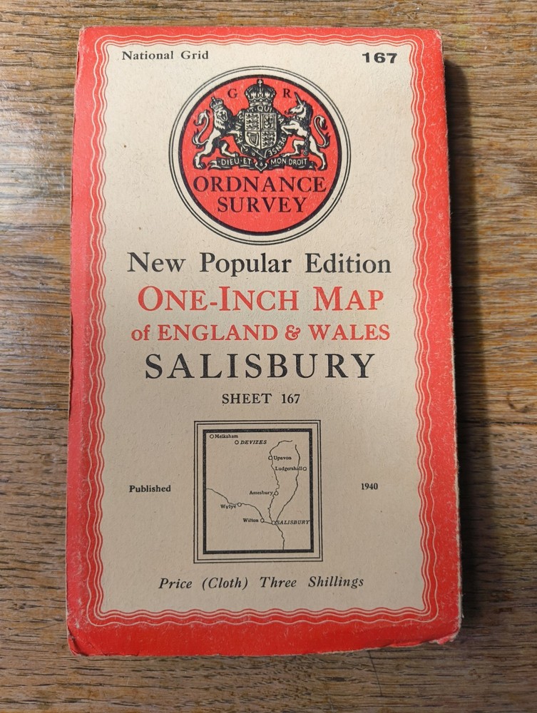 OS Ordnance Survey One Inch Cloth Map, Salisbury, Sheet 167, 1940