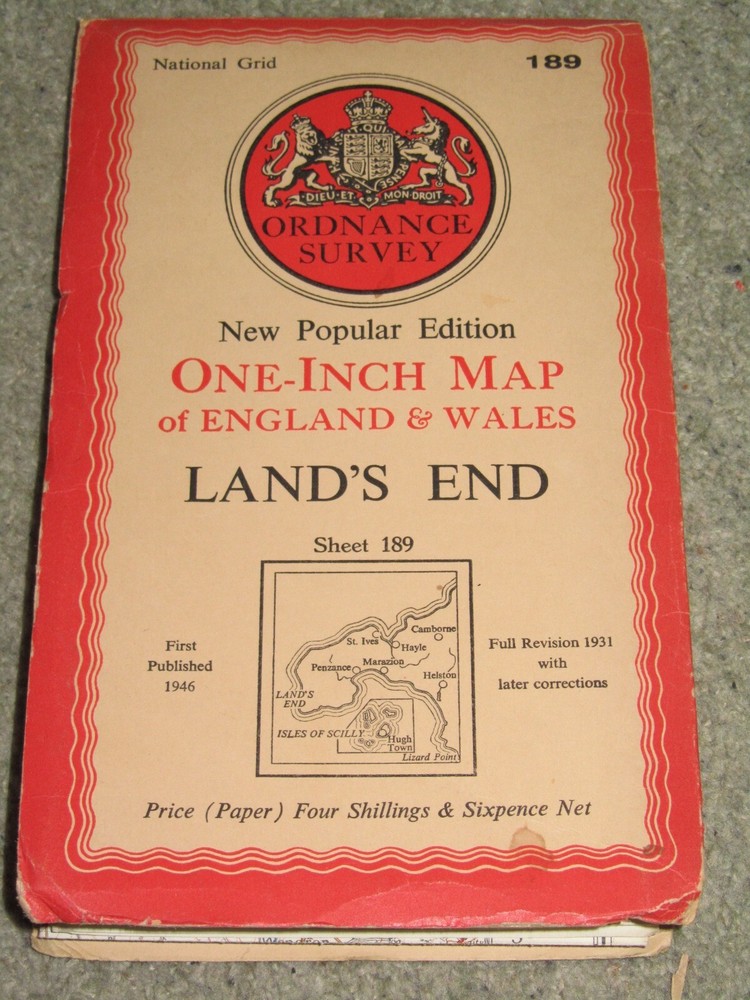 OS Ordnance Survey 1″ New Popular Edition 189 Land’s End – 1946 on paper