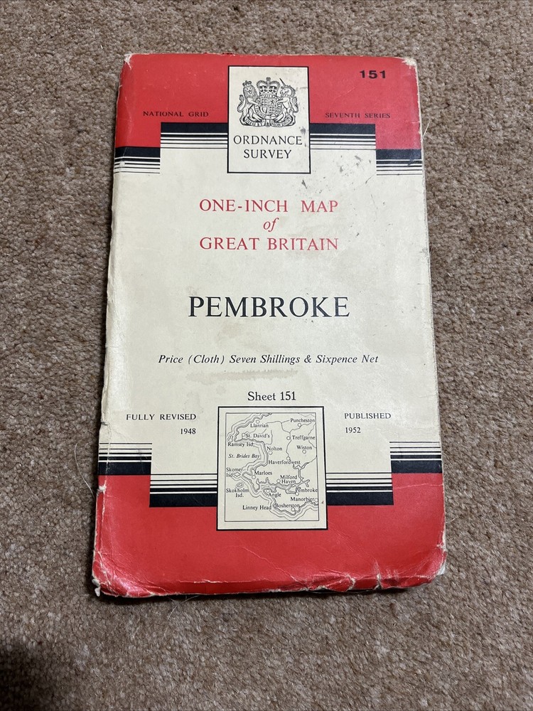 Vintage OS One Inch Map – Pembroke, Sheet 151, 1952, On Cloth – Ordnance