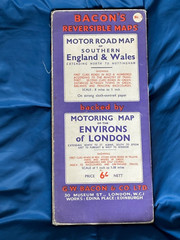 Vintage Bacons Motoring Map, Environs of London & South East. 1950’s approx