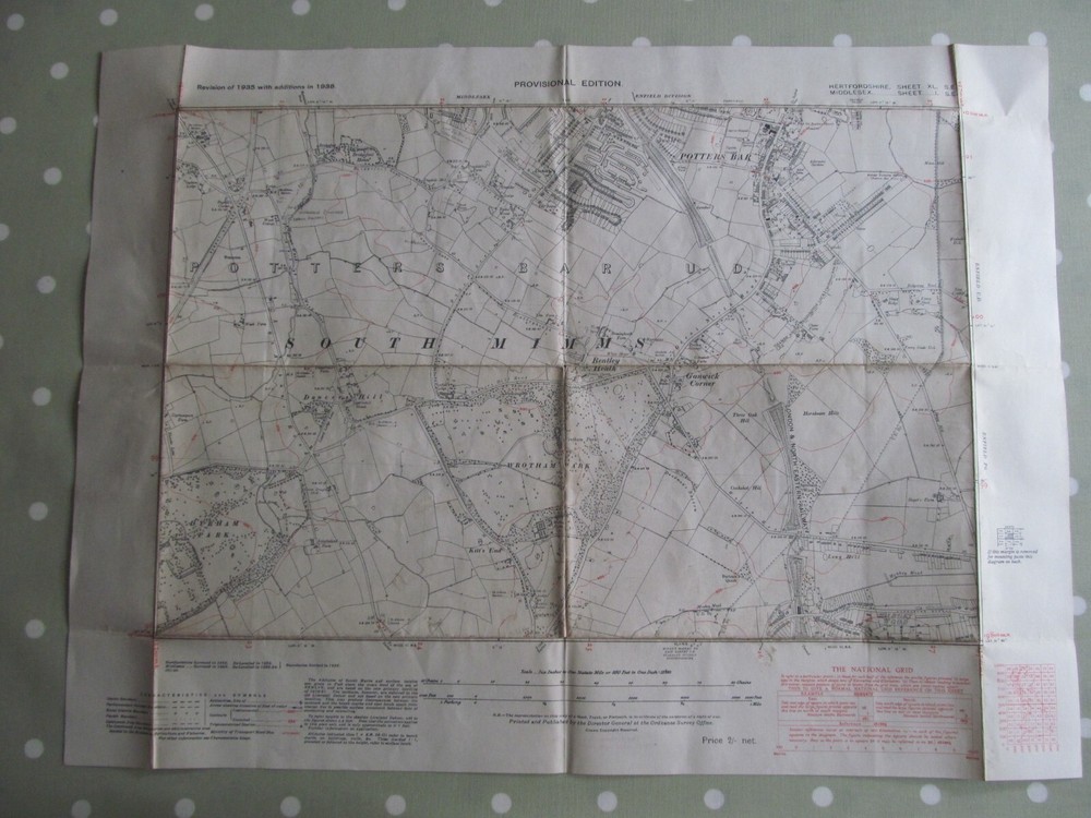 VINTAGE OS MAP POTTERS BAR SOUTH AREA HERTFORDSHIRE 1938 SIX INCHES TO ONE MILE