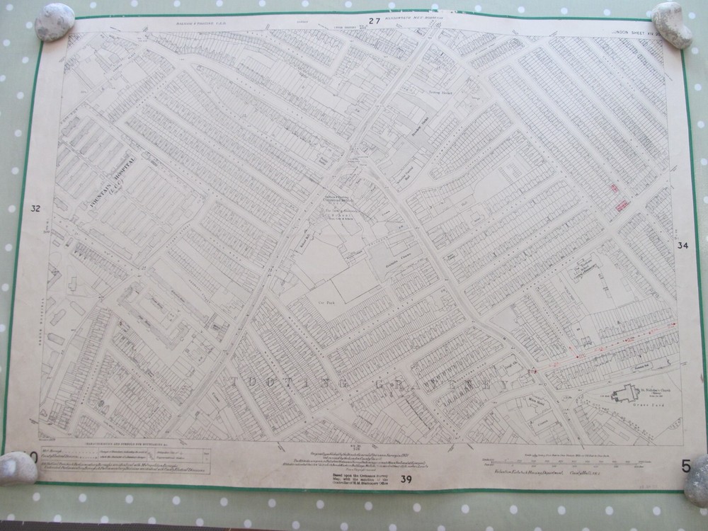 VINTAGE OS LARGE SCALE MAP LONDON TOOTING BROADWAY AREA 1 : 1,056 1921 Rev 1939