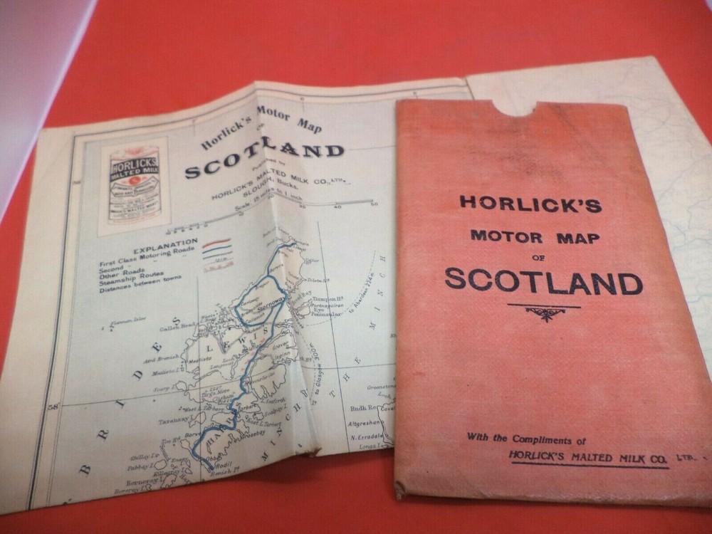 HORLICKS MOTOR ROAD MAP SCOTLAND old antique art ADVERTISING SLOUGH GW BACON