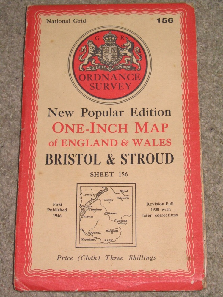 OS Ordnance Survey 1″ New Popular Edition sheet 155 Bristol & Stroud 1946 cloth