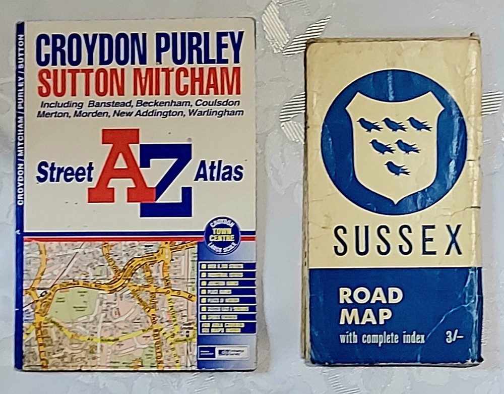 Vintage 1960’s Geographica Road Map Sussex & A-Z Croyden, Purley, Sutton 2001