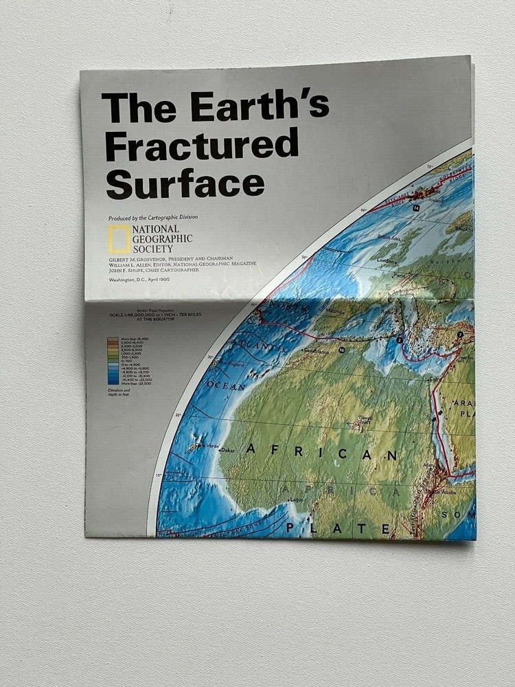 National Geographic Magazine,Paper Map, The Earths Fractured Surface, 1995