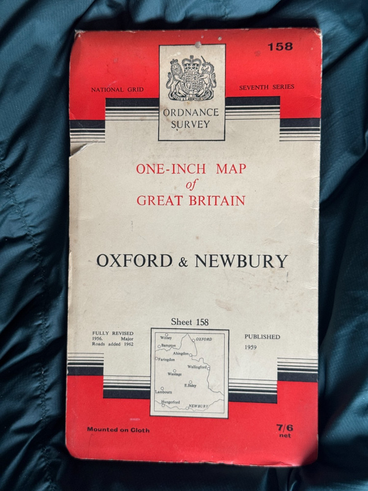 OS Ordnance Survey One Inch Cloth Map, of Oxford & Newbury, Sheet 158, 1959