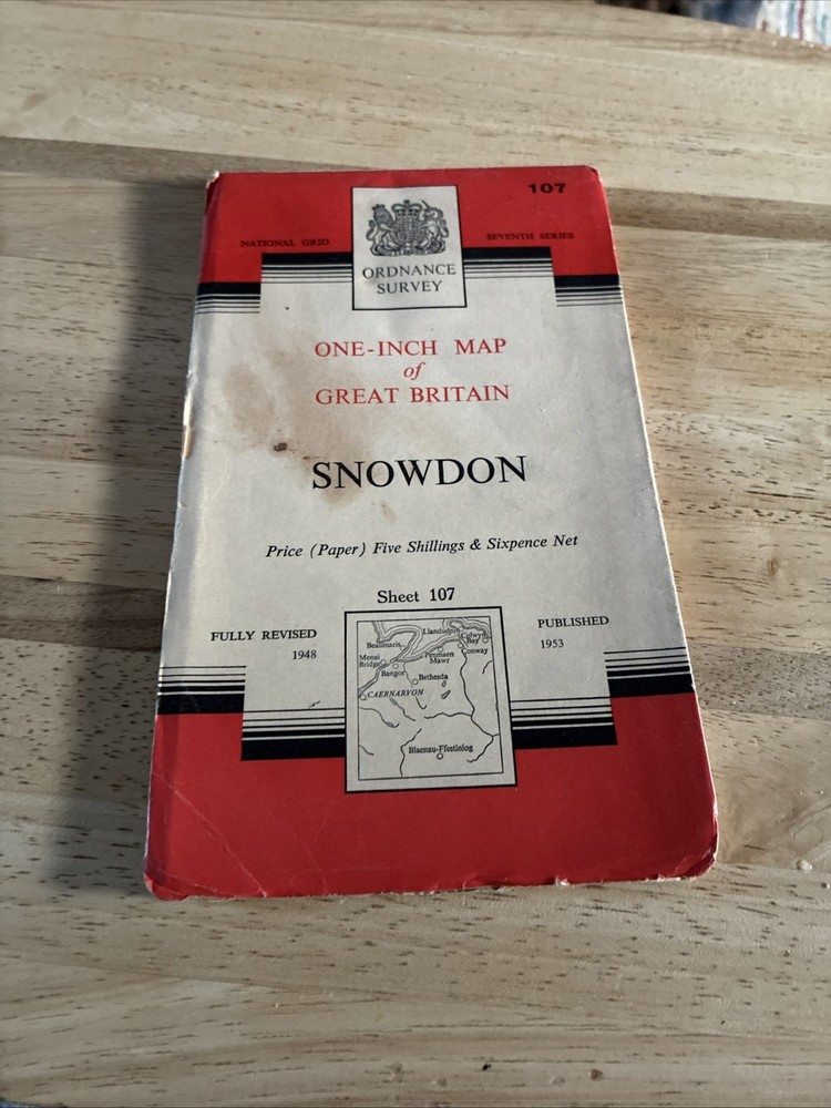 SNOWDON Ordnance Survey CLOTH Seventh Series Map One Inch 1953 Sheet 107 Pentir
