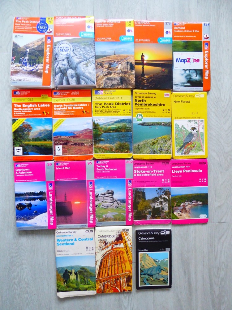 Ordnance Survey Maps Bundle x 19 (New & Used) Orange, Yellow, Pink, Black