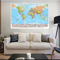 225*150cm The World Political Map with National Flags Non-woven Canvas Painting