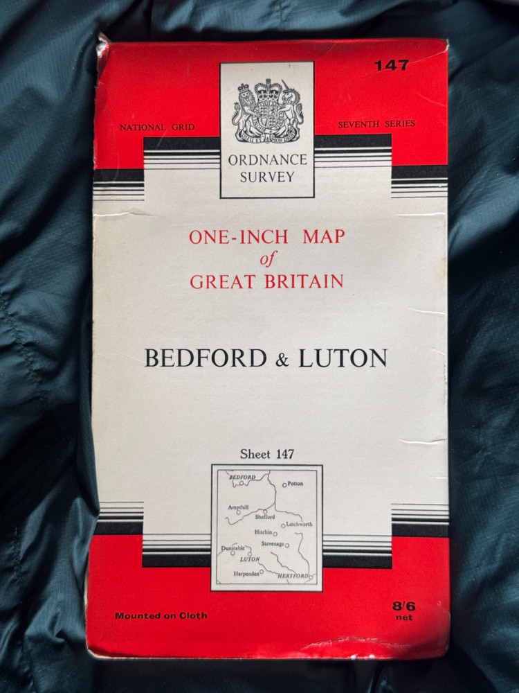 OS Ordnance Survey One Inch Cloth Map, of Bedford & Luton, Sheet 147, 1954