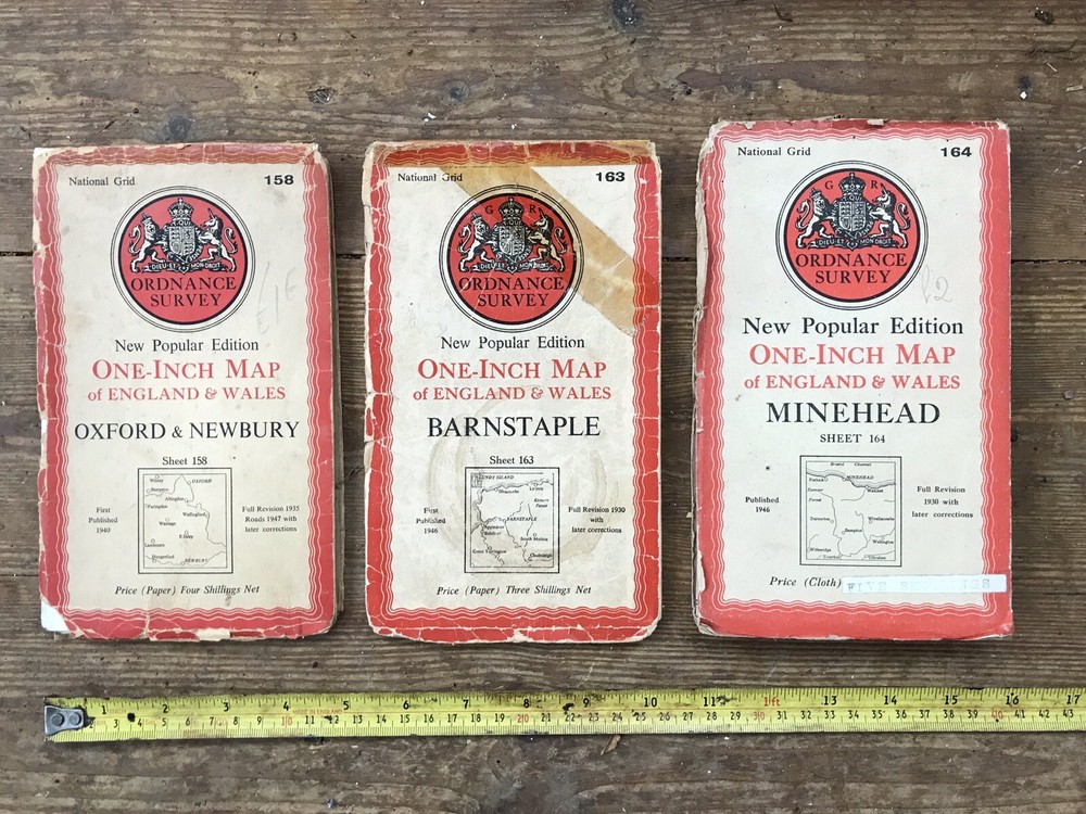 3 OS One Inch Maps 1940s Barnstaple, Minehead, Oxford & Newbury