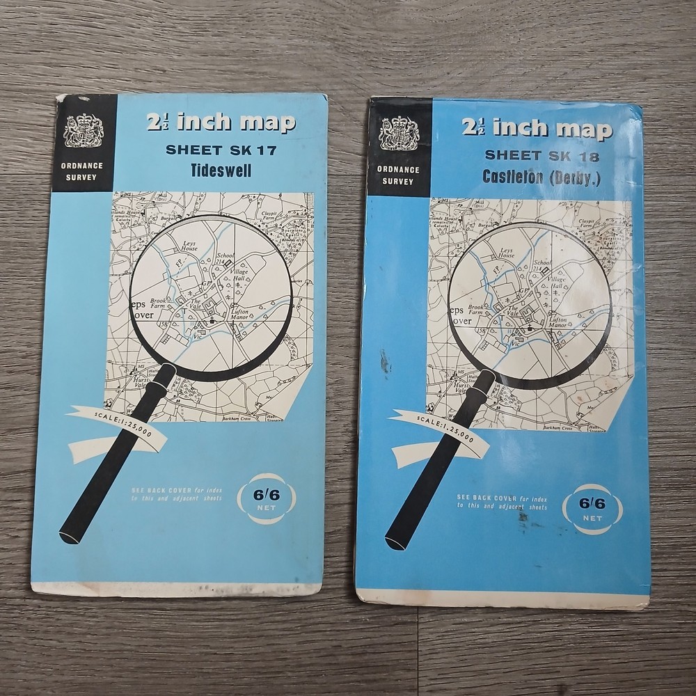 2x Vintage Ordnance Survey 2.5 Inch Maps Sheet SK 17 Tideswell SK 18 Castleton