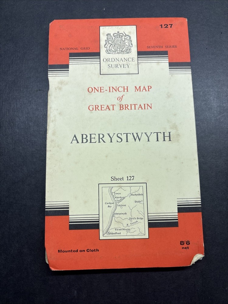 Vintage Ordnance Survey One Inch Map 7th series Cloth Mounted Aberystwyth