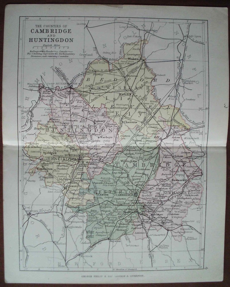 Antique colour map Cambridge Huntingdon late Victorian George Philip – Railways