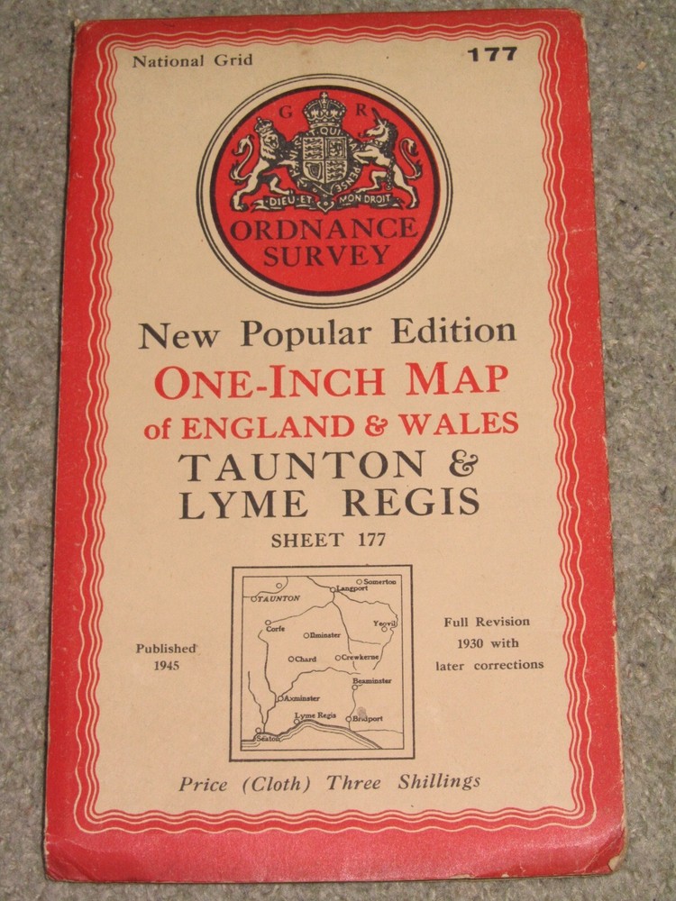 OS Ordnance Survey 1″ New Popular Edition sheet 177 Taunton & Lyme R. 1945 cloth